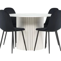 Pyöreä ruokailuryhmä Venture Home, Ø110cm valkoinen Härön-pöytä + 4 Polar-tuolia, sametti