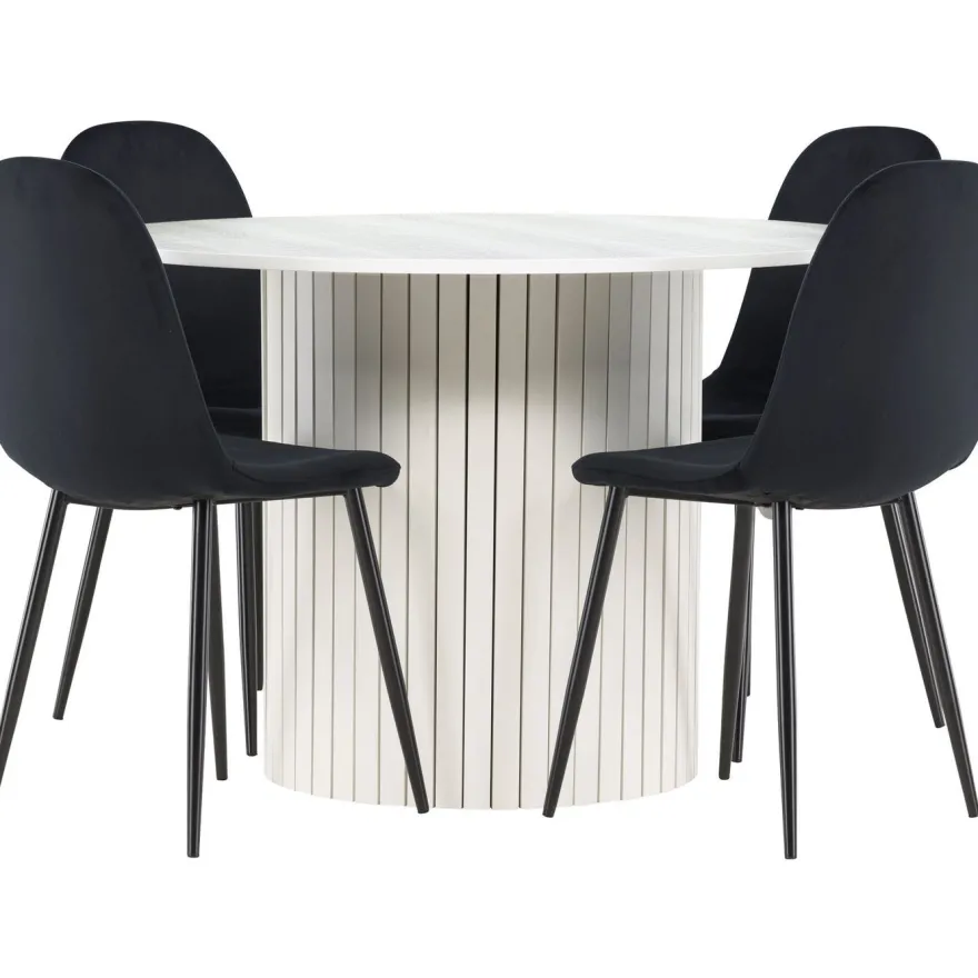 Pyöreä ruokailuryhmä Venture Home, Ø110cm valkoinen Härön-pöytä + 4 Polar-tuolia, sametti
