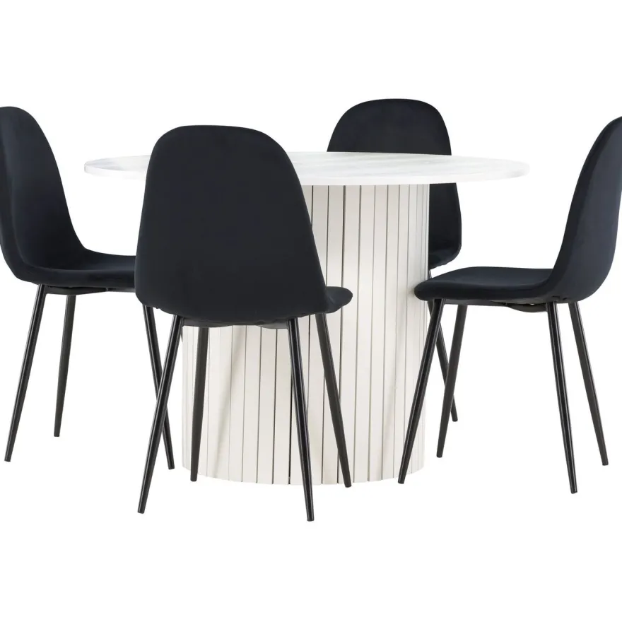 Pyöreä ruokailuryhmä Venture Home, Ø110cm valkoinen Härön-pöytä + 4 Polar-tuolia, sametti