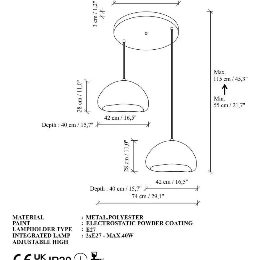 Riippuvalaisin Linento Lighting Loval 40-40-T-Luna, 2-osainen, valkoinen