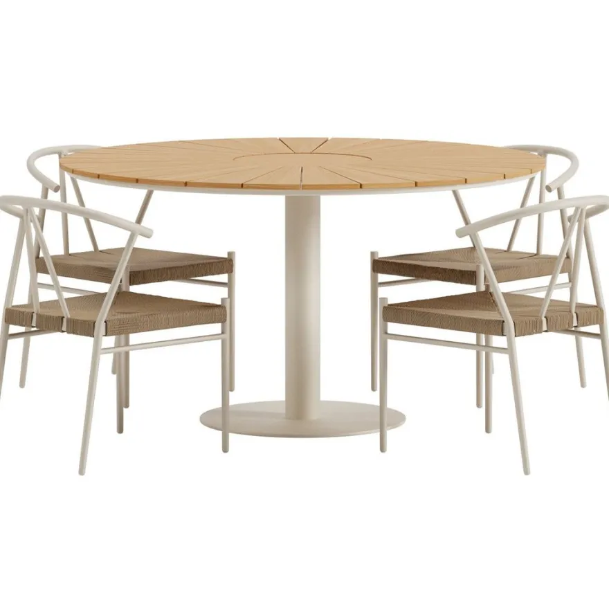 Ruokailuryhmä ulos Venture Home, beige Croft-pöytä Ø120cm + 4 beigeä Alfons-tuolia