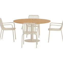 Ruokailuryhmä ulos Venture Home, beige Croft-pöytä Ø120cm + 4 beigeä Peking-tuolia
