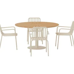 Ruokailuryhmä ulos Venture Home, beige Croft-pöytä Ø120cm + 4 beigeä Peking-tuolia
