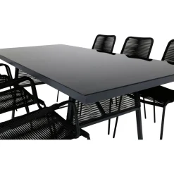 Ruokailuryhmä ulos Venture Home, Dallas-pöytä 193x90cm + 6 mustaa mustaa Lindos-tuolia