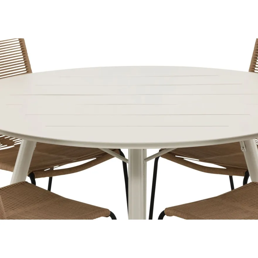 Ruokailuryhmä Venture Home, ø120cm, beige Lina-pöytä + 4 pinottavaa Lindos-tuolia