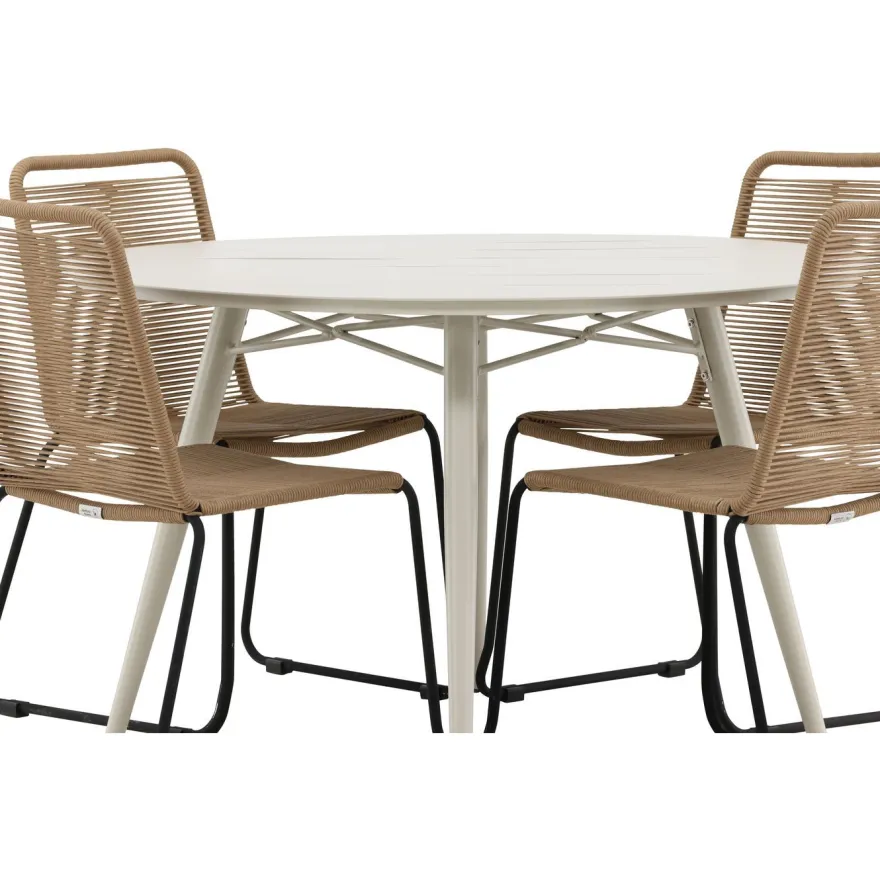 Ruokailuryhmä Venture Home, ø120cm, beige Lina-pöytä + 4 pinottavaa Lindos-tuolia