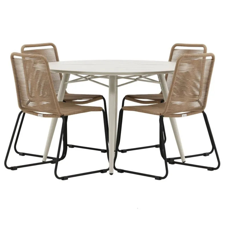 Ruokailuryhmä Venture Home, ø120cm, beige Lina-pöytä + 4 pinottavaa Lindos-tuolia