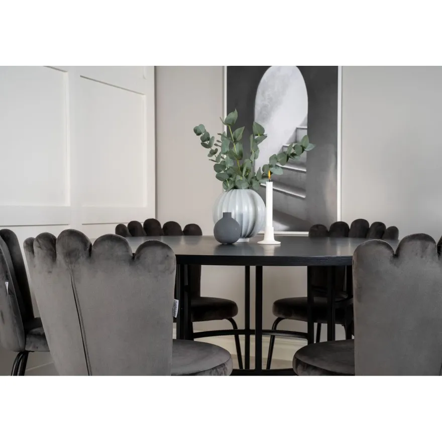 Ruokailuryhmä Venture Home, ⌀140cm Copenhagen-pöytä + 6 harmaata Limhamn-tuolia, sametti