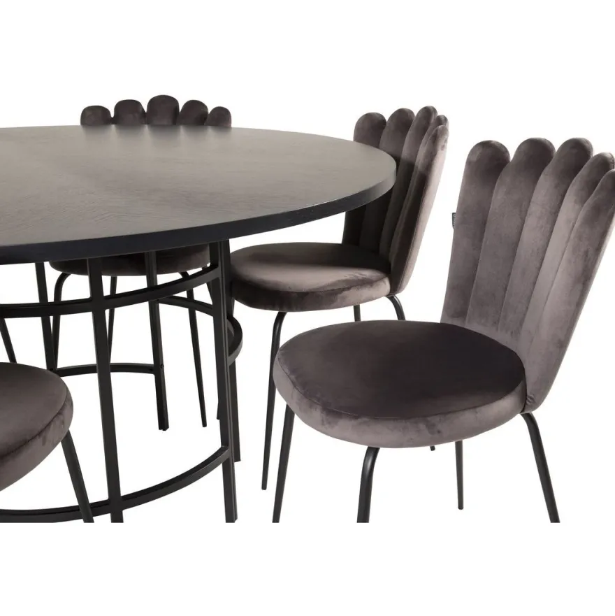 Ruokailuryhmä Venture Home, ⌀140cm Copenhagen-pöytä + 6 harmaata Limhamn-tuolia, sametti