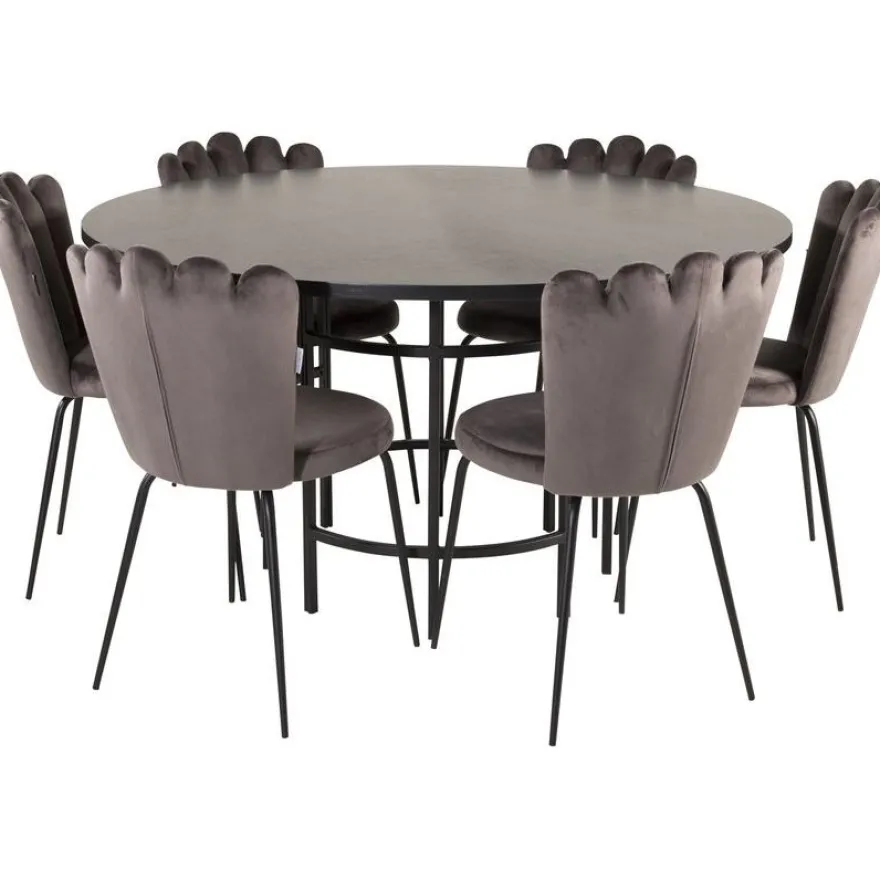 Ruokailuryhmä Venture Home, ⌀140cm Copenhagen-pöytä + 6 harmaata Limhamn-tuolia, sametti