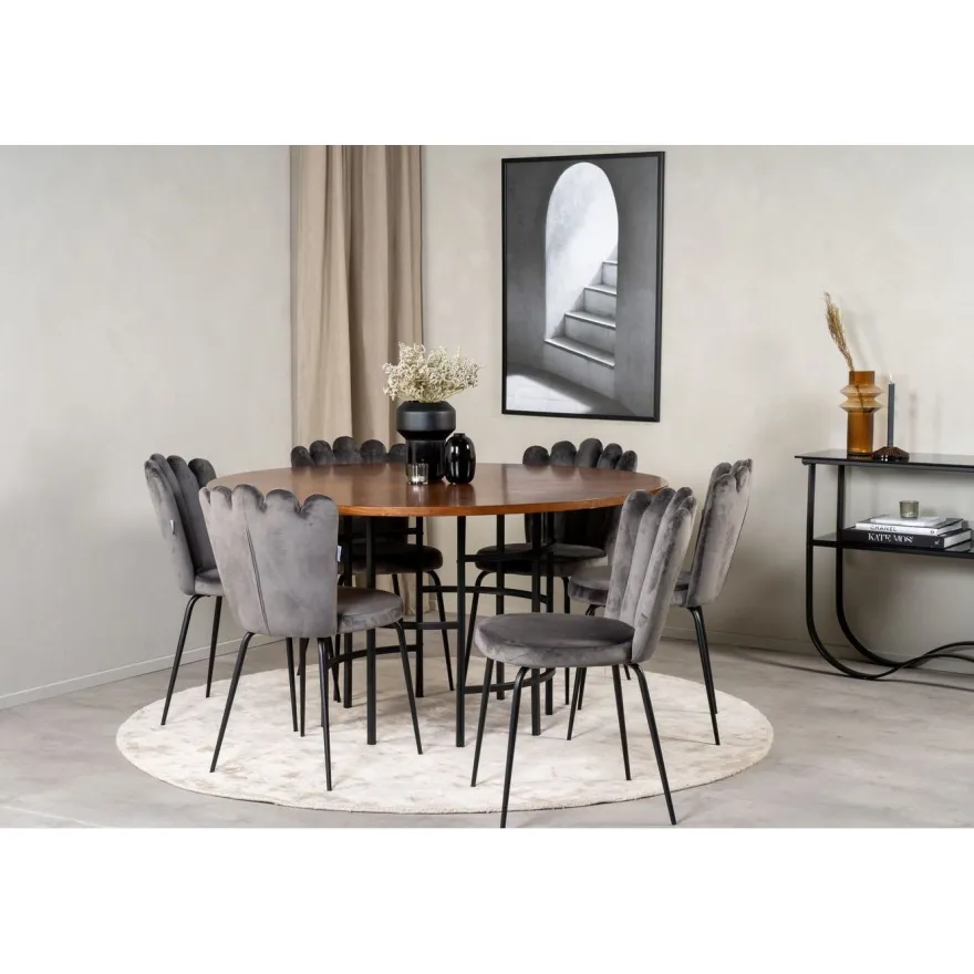 Ruokailuryhmä Venture Home, ⌀140cm Copenhagen-pöytä + 6 harmaata Limhamn-tuolia, sametti