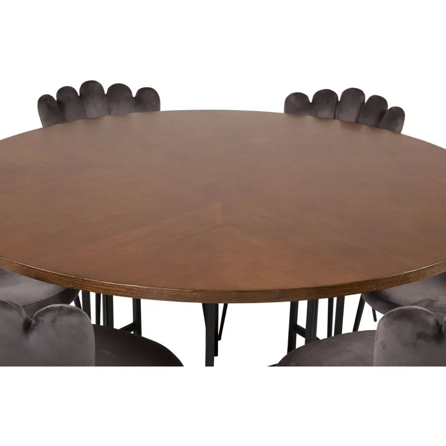 Ruokailuryhmä Venture Home, ⌀140cm Copenhagen-pöytä + 6 harmaata Limhamn-tuolia, sametti