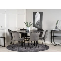 Ruokailuryhmä Venture Home, ⌀140cm Copenhagen-pöytä + 6 harmaata Limhamn-tuolia, sametti