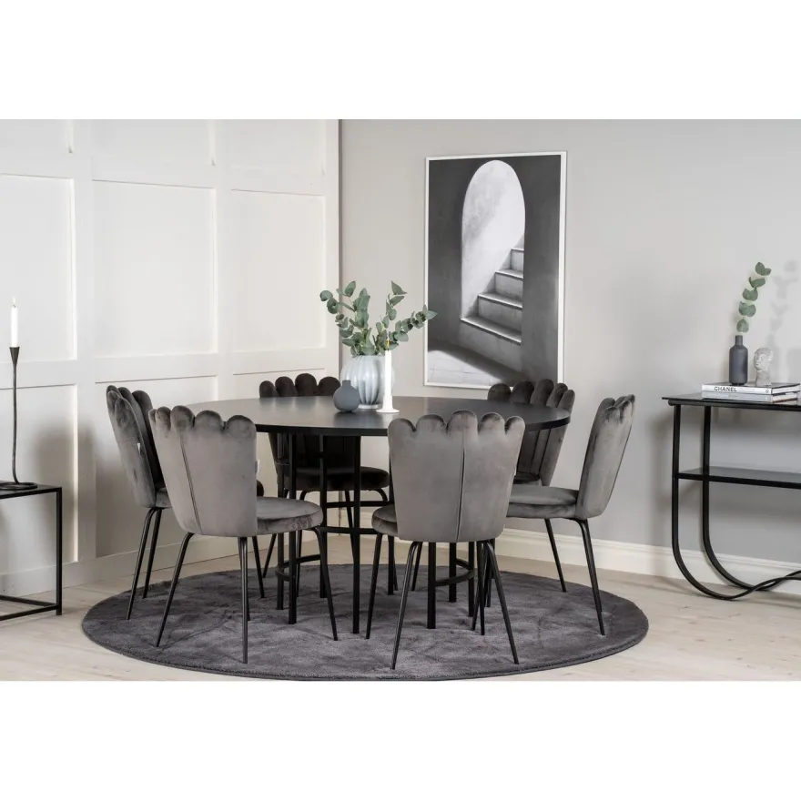 Ruokailuryhmä Venture Home, ⌀140cm Copenhagen-pöytä + 6 harmaata Limhamn-tuolia, sametti