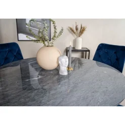 Ruokailuryhmä Venture Home, ø106cm harmaa/musta Estelle-pöytä + 4 sinistä Velvet Deluxe -tuolia, sametti