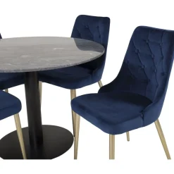 Ruokailuryhmä Venture Home, ø106cm harmaa/musta Estelle-pöytä + 4 sinistä Velvet Deluxe -tuolia, sametti