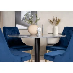 Ruokailuryhmä Venture Home, ø106cm harmaa/musta Estelle-pöytä + 4 sinistä Velvet Deluxe -tuolia, sametti