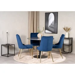 Ruokailuryhmä Venture Home, ø106cm harmaa/musta Estelle-pöytä + 4 sinistä Velvet Deluxe -tuolia, sametti