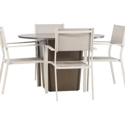 Ruokailuryhmä Venture Home, ø120cm harmaanruskea Santa Fe -pöytä + 4 beigeä, pinottavaa Copacabana-tuolia