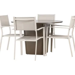Ruokailuryhmä Venture Home, ø120cm harmaanruskea Santa Fe -pöytä + 4 beigeä, pinottavaa Copacabana-tuolia