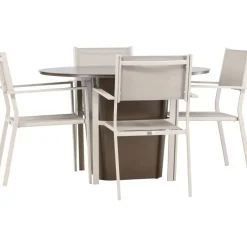 Ruokailuryhmä Venture Home, ø120cm harmaanruskea Santa Fe -pöytä + 4 beigeä, pinottavaa Copacabana-tuolia