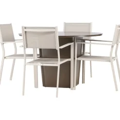 Ruokailuryhmä Venture Home, ø120cm harmaanruskea Santa Fe -pöytä + 4 beigeä, pinottavaa Copacabana-tuolia