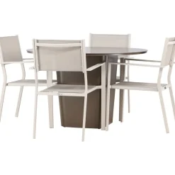 Ruokailuryhmä Venture Home, ø120cm harmaanruskea Santa Fe -pöytä + 4 beigeä, pinottavaa Copacabana-tuolia