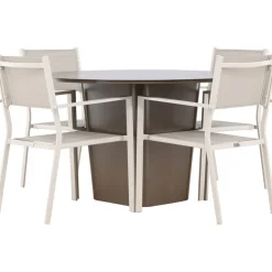 Ruokailuryhmä Venture Home, ø120cm harmaanruskea Santa Fe -pöytä + 4 beigeä, pinottavaa Copacabana-tuolia