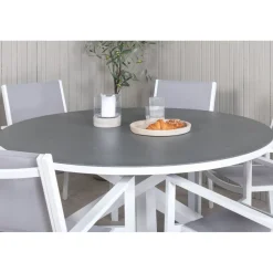 Ruokailuryhmä Venture Home, ø140cm, harmaa/valkoinen Copacabana-pöytä + 6 harmaa-valkoista, pinottavaa Copacabana-tuolia