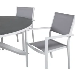 Ruokailuryhmä Venture Home, ø140cm, harmaa/valkoinen Copacabana-pöytä + 6 harmaa-valkoista, pinottavaa Copacabana-tuolia
