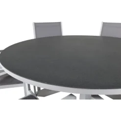 Ruokailuryhmä Venture Home, ø140cm, harmaa/valkoinen Copacabana-pöytä + 6 harmaa-valkoista, pinottavaa Copacabana-tuolia