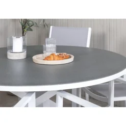 Ruokailuryhmä Venture Home, ø140cm, harmaa/valkoinen Copacabana-pöytä + 6 harmaa-valkoista, pinottavaa Copacabana-tuolia