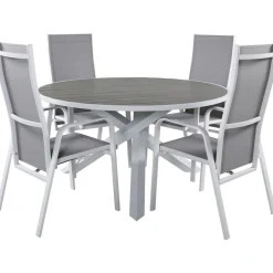Ruokailuryhmä Venture Home, ø140cm, harmaa/valkoinen Parma-pöytä + 6 harmaa/valkoista Copacabana-säätötuolia