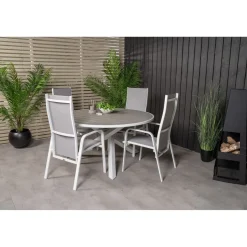 Ruokailuryhmä Venture Home, ø140cm, harmaa/valkoinen Parma-pöytä + 6 harmaa/valkoista Copacabana-säätötuolia