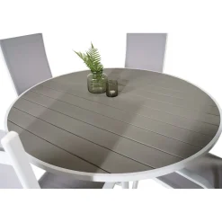 Ruokailuryhmä Venture Home, ø140cm, harmaa/valkoinen Parma-pöytä + 6 harmaa/valkoista Copacabana-säätötuolia