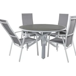 Ruokailuryhmä Venture Home, ø140cm, harmaa/valkoinen Parma-pöytä + 6 harmaa/valkoista Copacabana-säätötuolia