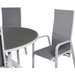 Ruokailuryhmä Venture Home, ø140cm, harmaa/valkoinen Parma-pöytä + 6 harmaa/valkoista Copacabana-säätötuolia