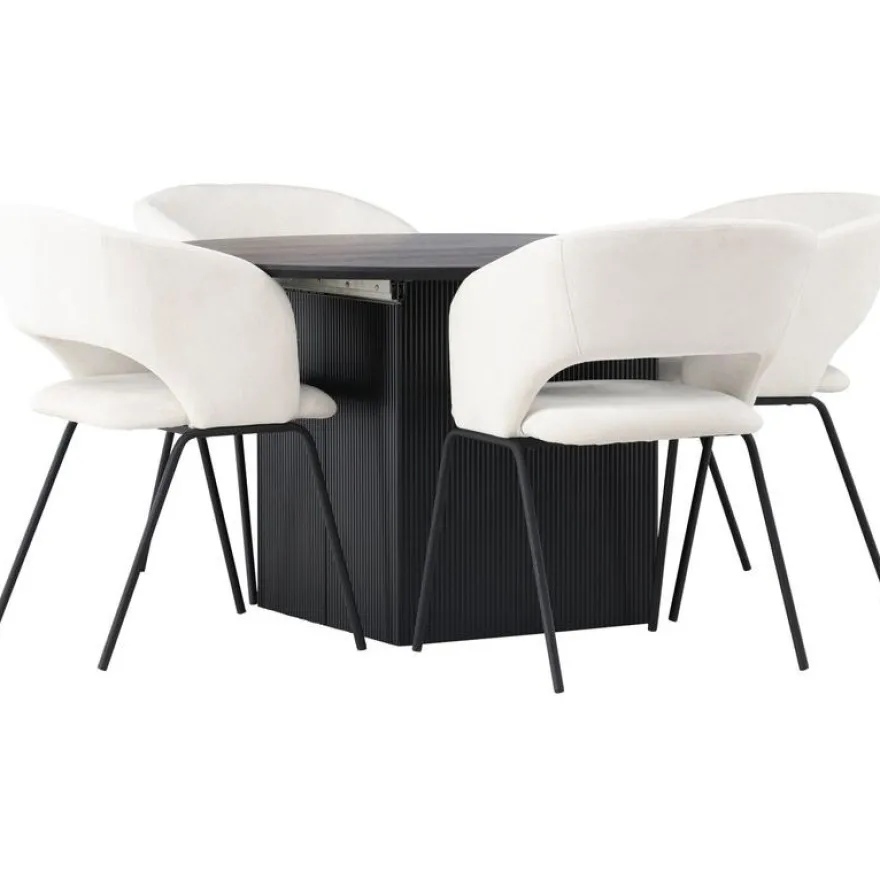 Ruokailuryhmä Venture Home, ⌀130cm, jatkettava Matilda-pöytä + 4 valkoista Day-tuolia