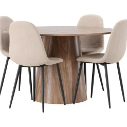 Ruokailuryhmä Venture Home, ⌀120cm Lanzo-pöytä + 4 beigeä Polar-tuolia, bouclé