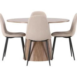 Ruokailuryhmä Venture Home, ⌀120cm Lanzo-pöytä + 4 beigeä Polar-tuolia, bouclé