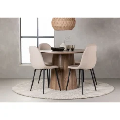 Ruokailuryhmä Venture Home, ⌀120cm Lanzo-pöytä + 4 beigeä Polar-tuolia, bouclé