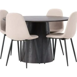 Ruokailuryhmä Venture Home, ⌀120cm Lanzo-pöytä + 4 beigeä Polar-tuolia, bouclé