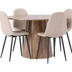 Ruokailuryhmä Venture Home, ⌀120cm Lanzo-pöytä + 4 beigeä Polar-tuolia, bouclé