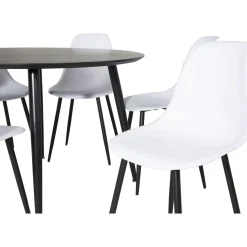 Ruokailuryhmä Venture Home, ⌀115cm musta Dipp-pöytä + 6 valkoista Polar Plastic -tuolia