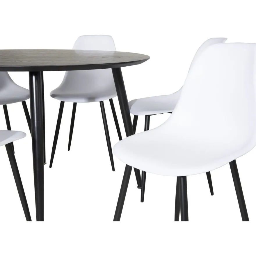 Ruokailuryhmä Venture Home, ⌀115cm musta Dipp-pöytä + 6 valkoista Polar Plastic -tuolia
