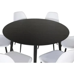 Ruokailuryhmä Venture Home, ⌀115cm musta Dipp-pöytä + 6 valkoista Polar Plastic -tuolia