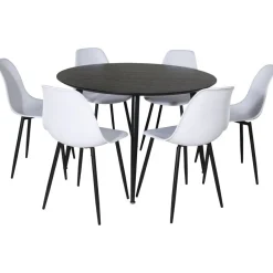 Ruokailuryhmä Venture Home, ⌀115cm musta Dipp-pöytä + 6 valkoista Polar Plastic -tuolia