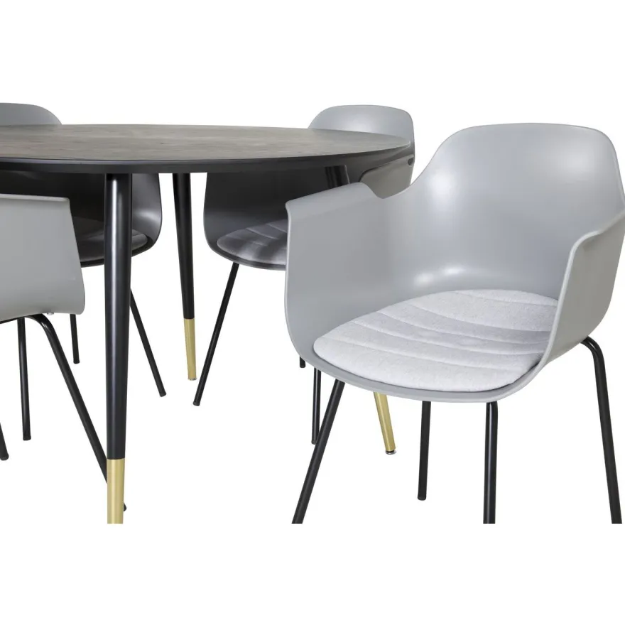 Ruokailuryhmä Venture Home, ⌀115cm musta Dipp-ruokapöytä + 4 harmaata Comfort-tuolia