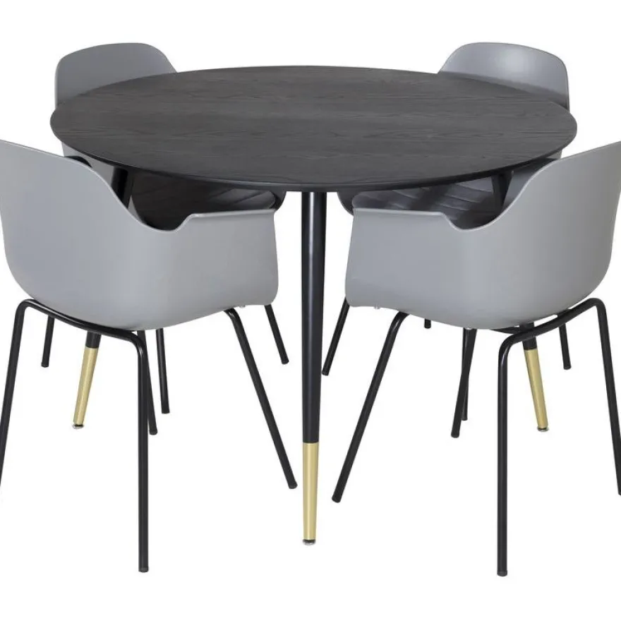 Ruokailuryhmä Venture Home, ⌀115cm musta Dipp-ruokapöytä + 4 harmaata Comfort-tuolia