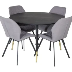 Ruokailuryhmä Venture Home, ⌀115cm musta Dipp-ruokapöytä + 4 harmaata Gemma-tuolia